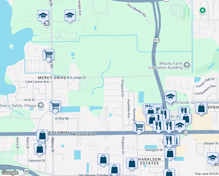 map of restaurants, bars, coffee shops, grocery stores, and more near 3531 Amigos Avenue in Orlando