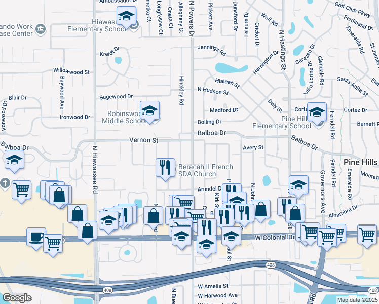 map of restaurants, bars, coffee shops, grocery stores, and more near 1324 North Powers Drive in Orlando