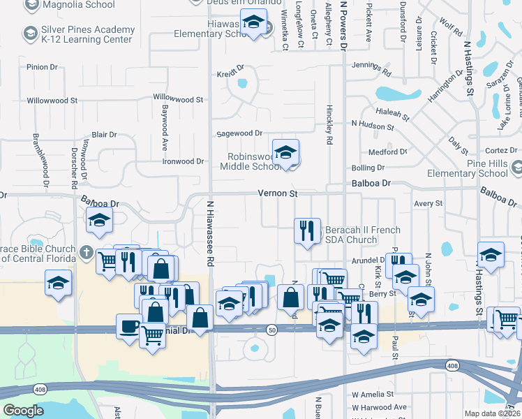 map of restaurants, bars, coffee shops, grocery stores, and more near 1405 Enka Way in Orlando
