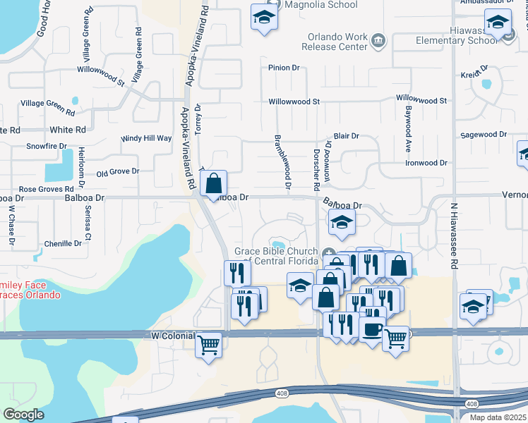map of restaurants, bars, coffee shops, grocery stores, and more near 7354 Balboa Drive in Orlando