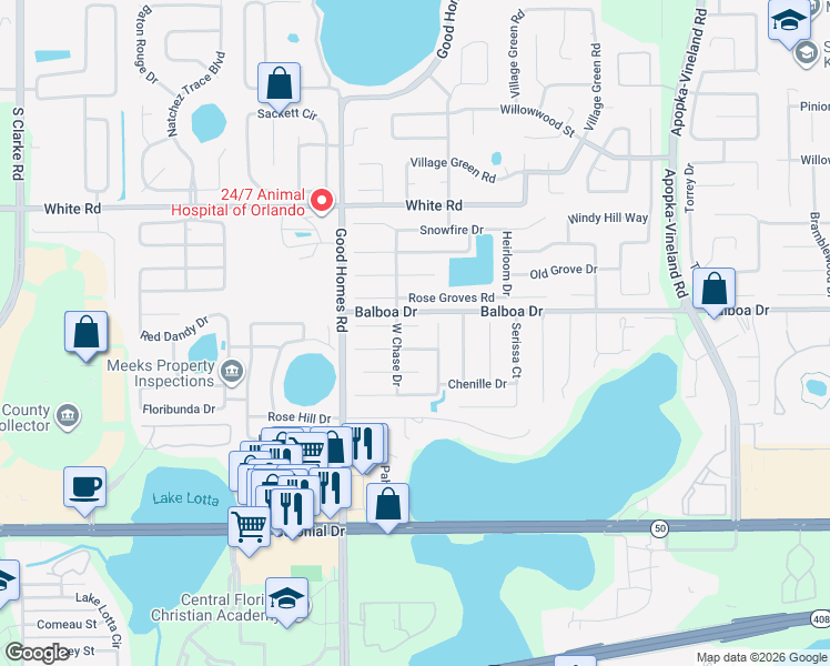 map of restaurants, bars, coffee shops, grocery stores, and more near 8528 Northridge Court in Orlando