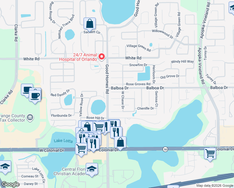 map of restaurants, bars, coffee shops, grocery stores, and more near 8624 Valley Ridge Court in Orlando
