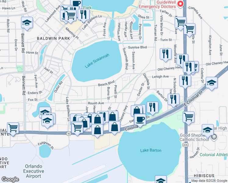 map of restaurants, bars, coffee shops, grocery stores, and more near 972 Pinelli Street in Orlando