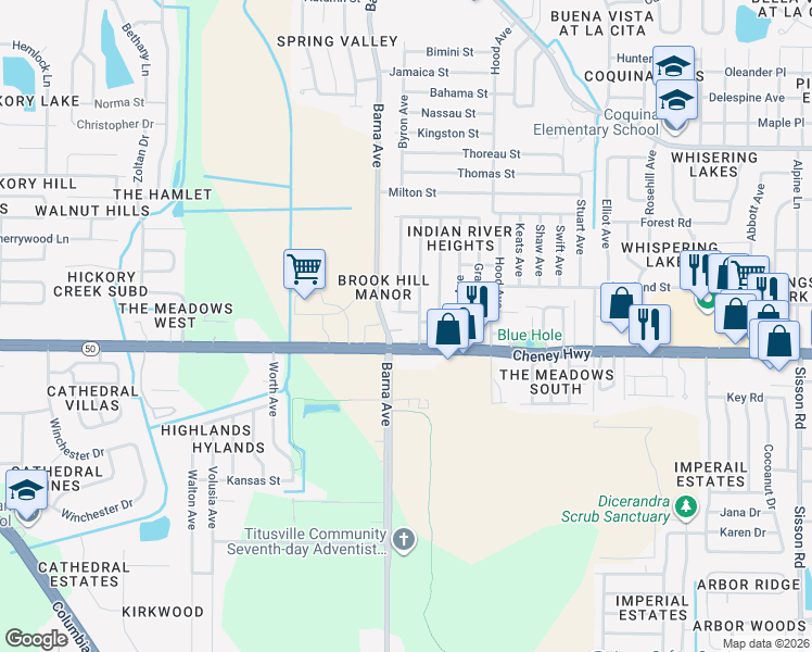 map of restaurants, bars, coffee shops, grocery stores, and more near 4570 Browning Avenue in Titusville