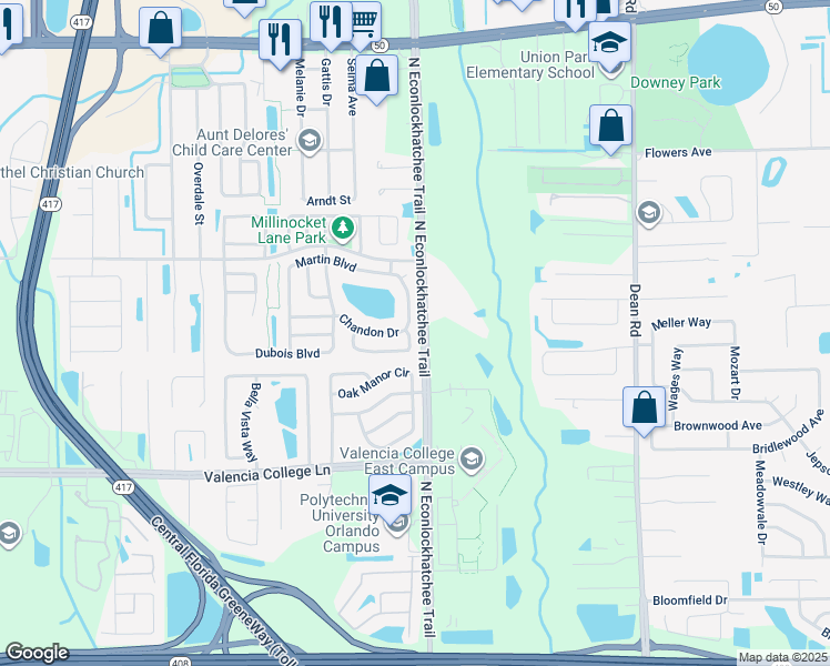 map of restaurants, bars, coffee shops, grocery stores, and more near 9584 Brackin Street in Orlando