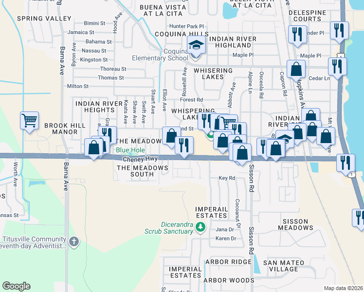 map of restaurants, bars, coffee shops, grocery stores, and more near 4595 Rosehill Avenue in Titusville