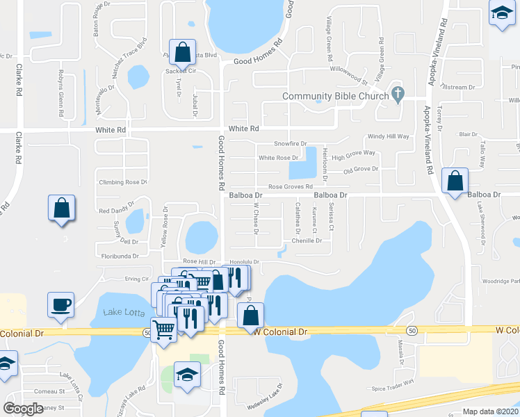 map of restaurants, bars, coffee shops, grocery stores, and more near 8528 Northridge Court in Orlando