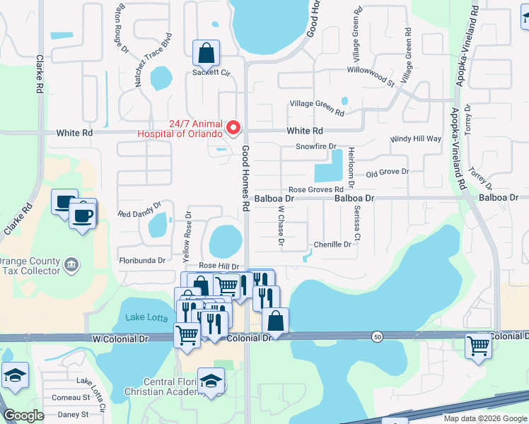 map of restaurants, bars, coffee shops, grocery stores, and more near 8624 Valley Ridge Court in Orlando