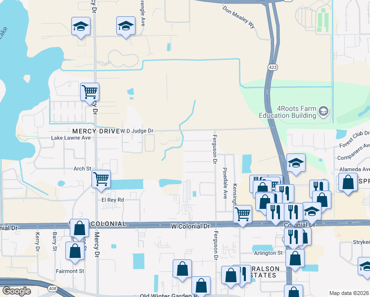map of restaurants, bars, coffee shops, grocery stores, and more near 3631 Amigos Avenue in Orlando