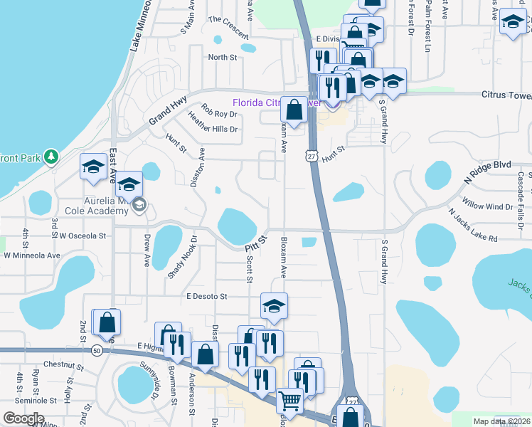 map of restaurants, bars, coffee shops, grocery stores, and more near 492 Shady Creek Lane in Clermont