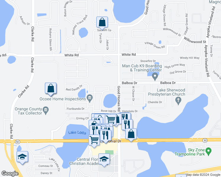 map of restaurants, bars, coffee shops, grocery stores, and more near 1024 American Beauty Street in Orlando