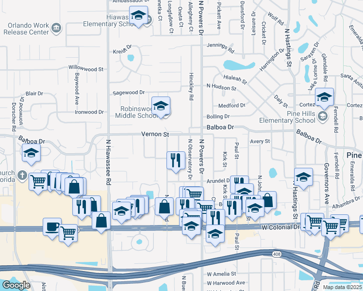 map of restaurants, bars, coffee shops, grocery stores, and more near 1403 North Buena Vista Avenue in Orlando
