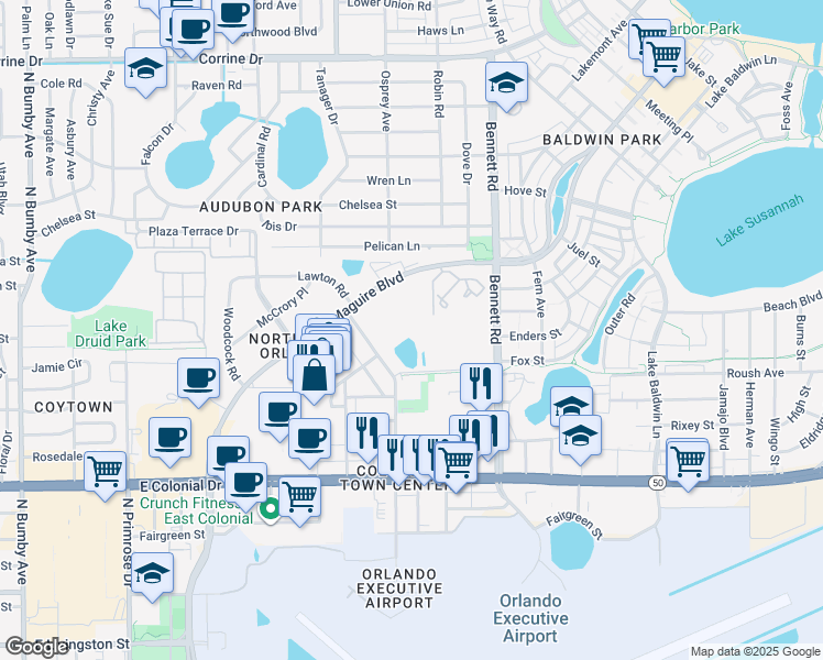 map of restaurants, bars, coffee shops, grocery stores, and more near 835 McCullough Avenue in Orlando