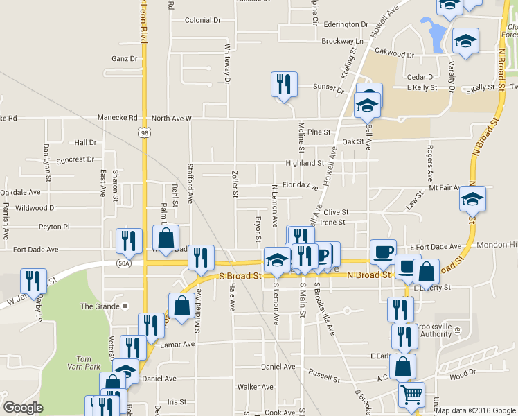 map of restaurants, bars, coffee shops, grocery stores, and more near 217 Beale Street in Brooksville