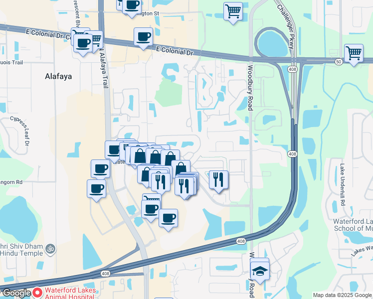 map of restaurants, bars, coffee shops, grocery stores, and more near 12624 Victoria Place Circle in Orlando