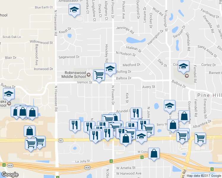 map of restaurants, bars, coffee shops, grocery stores, and more near 1324 North Powers Drive in Orlando