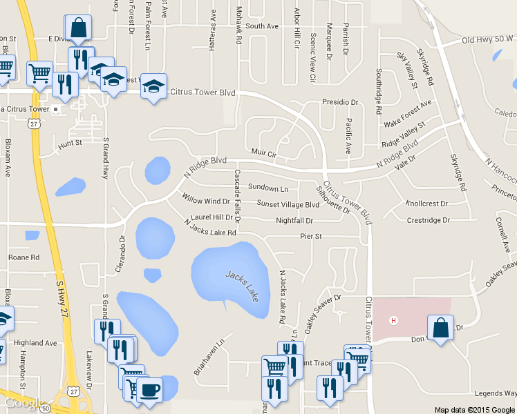 map of restaurants, bars, coffee shops, grocery stores, and more near 1501 Sunset Village Boulevard in Clermont