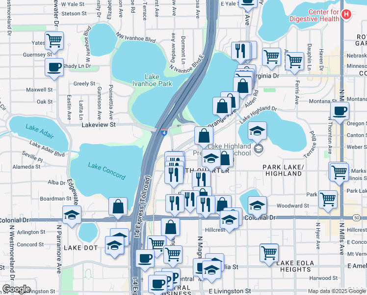map of restaurants, bars, coffee shops, grocery stores, and more near 1001 Florida 527 in Orlando