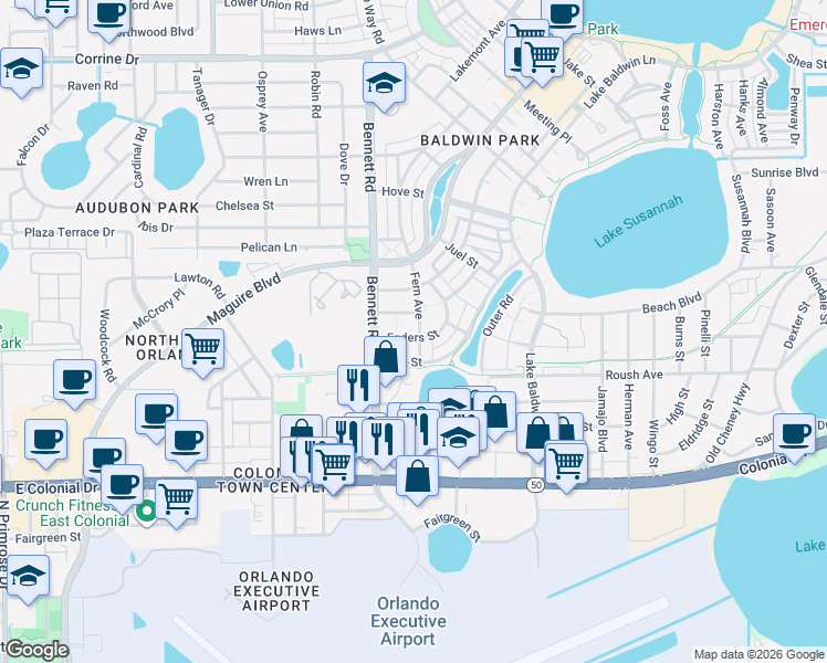 map of restaurants, bars, coffee shops, grocery stores, and more near 930 Fern Avenue in Orlando