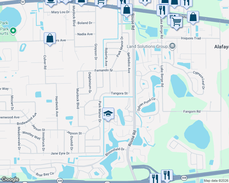 map of restaurants, bars, coffee shops, grocery stores, and more near 10909 Tangora Street in Orlando