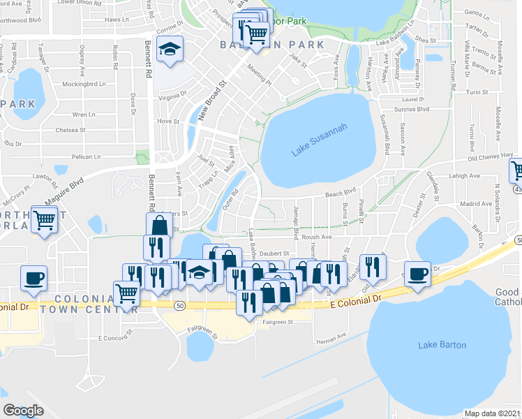 map of restaurants, bars, coffee shops, grocery stores, and more near 935 Lake Baldwin Lane in Orlando