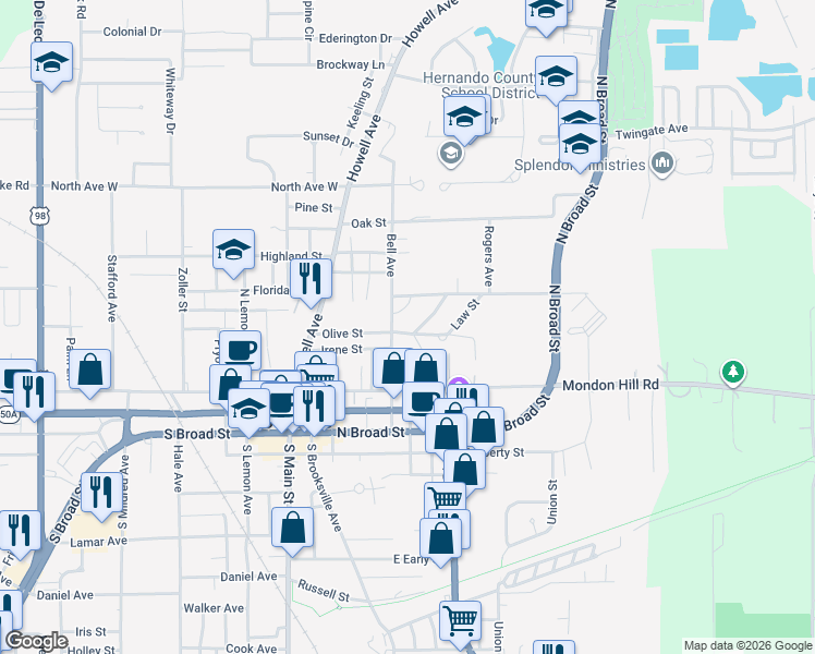 map of restaurants, bars, coffee shops, grocery stores, and more near 151 Olive Street in Brooksville