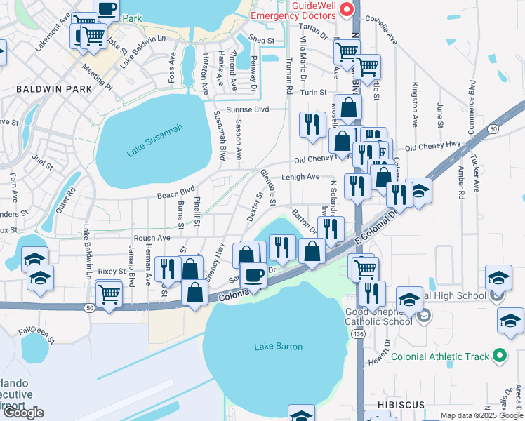 map of restaurants, bars, coffee shops, grocery stores, and more near 5395 Barton Drive in Orlando
