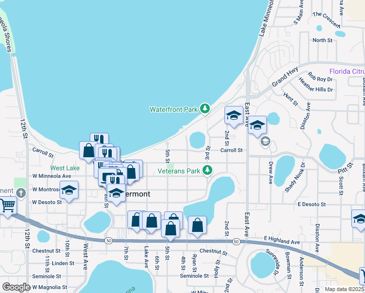 map of restaurants, bars, coffee shops, grocery stores, and more near 432 Carroll Street in Clermont