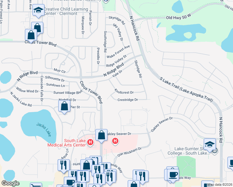 map of restaurants, bars, coffee shops, grocery stores, and more near 1909 Knollcrest Drive in Clermont
