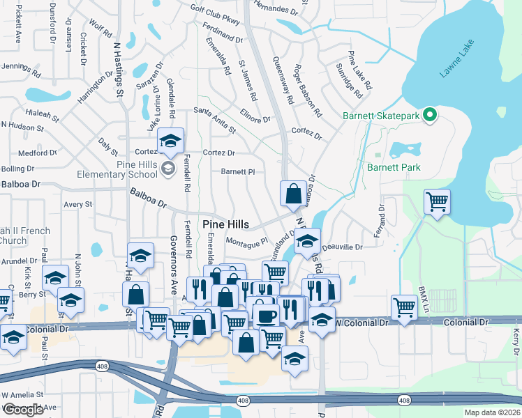map of restaurants, bars, coffee shops, grocery stores, and more near 1007 Santa Barbara Road in Orlando