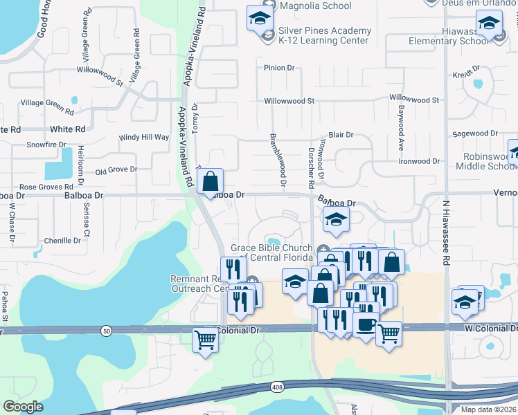 map of restaurants, bars, coffee shops, grocery stores, and more near 7354 Balboa Drive in Orlando