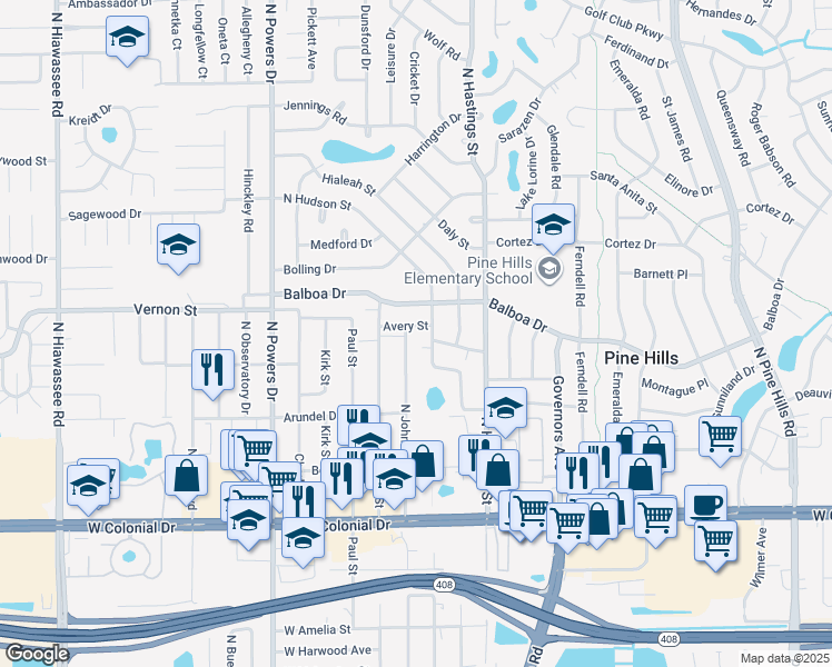 map of restaurants, bars, coffee shops, grocery stores, and more near 5920 Avery Street in Orlando