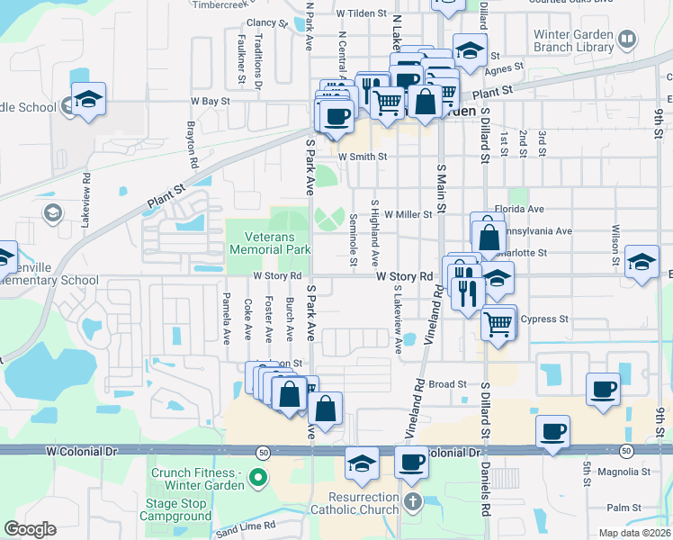 map of restaurants, bars, coffee shops, grocery stores, and more near 219 West Story Road in Winter Garden