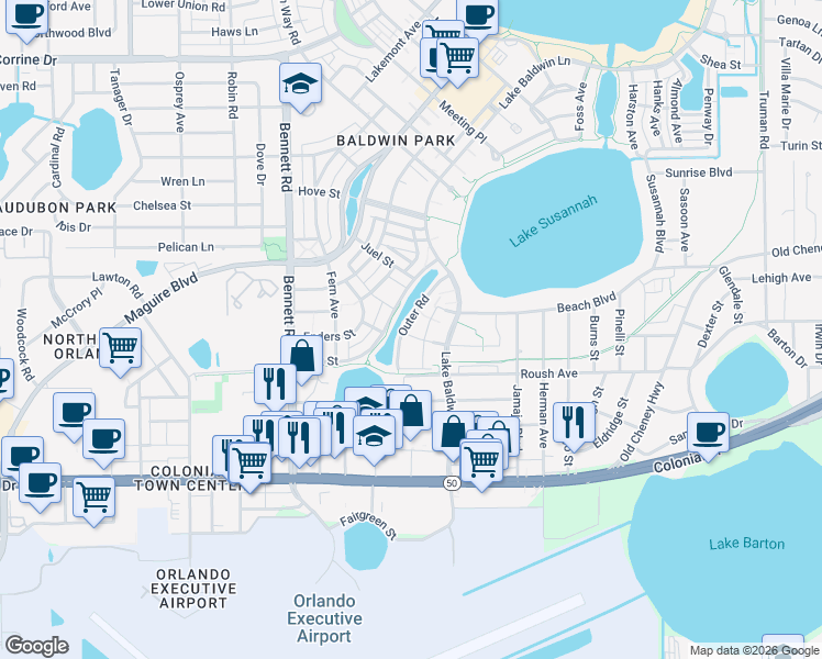 map of restaurants, bars, coffee shops, grocery stores, and more near 4625 Halder Lane in Orlando