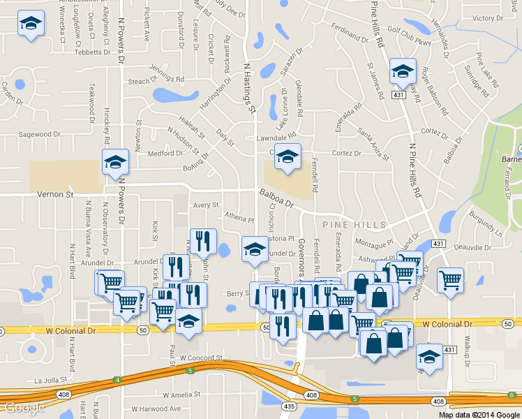 map of restaurants, bars, coffee shops, grocery stores, and more near 925 North Hastings Street in Orlando