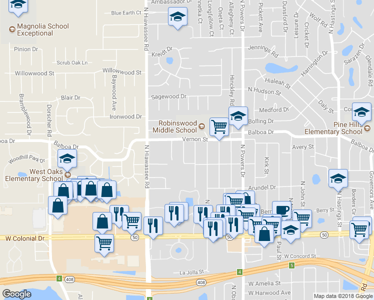 map of restaurants, bars, coffee shops, grocery stores, and more near 1405 Enka Way in Orlando