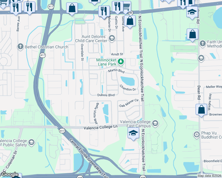 map of restaurants, bars, coffee shops, grocery stores, and more near 9301 Sausalito Drive in Orlando
