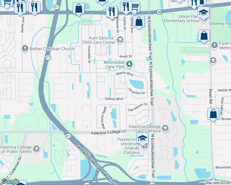 map of restaurants, bars, coffee shops, grocery stores, and more near 9301 Sausalito Drive in Orlando
