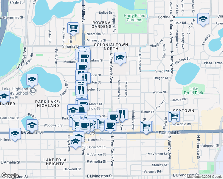 map of restaurants, bars, coffee shops, grocery stores, and more near 1608 Weber Street in Orlando