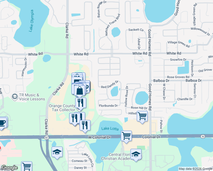 map of restaurants, bars, coffee shops, grocery stores, and more near 1035 Red Dandy Drive in Orlando