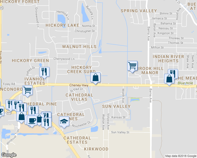 map of restaurants, bars, coffee shops, grocery stores, and more near 4501 Memory Lane in Titusville