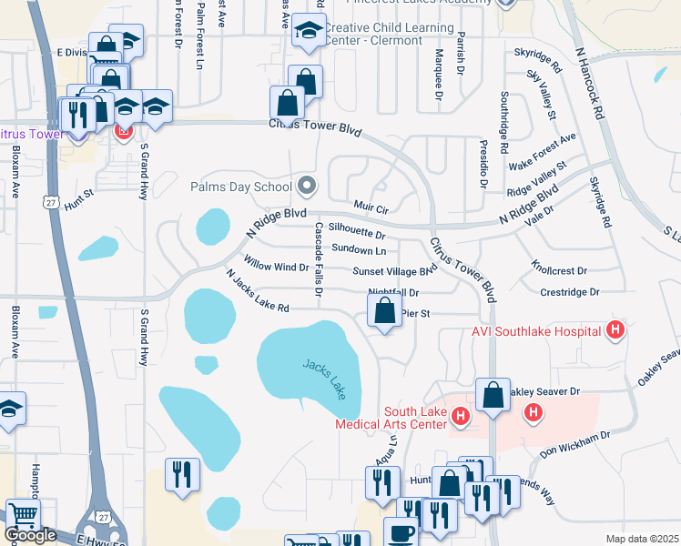 map of restaurants, bars, coffee shops, grocery stores, and more near 1499 Sunset Village Boulevard in Clermont