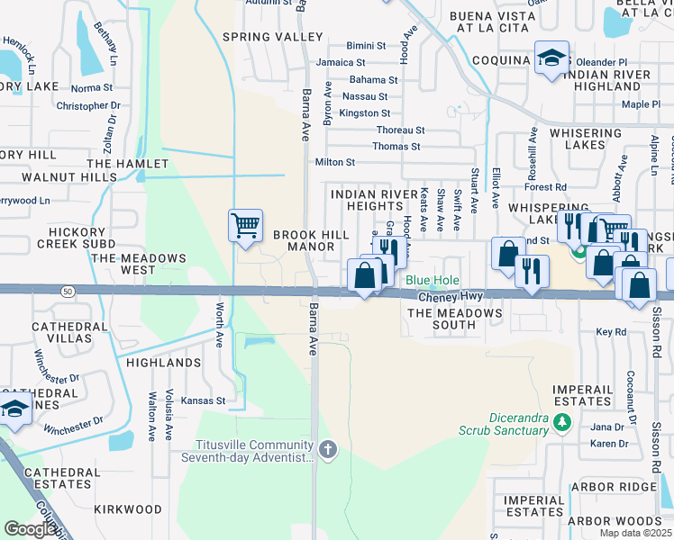 map of restaurants, bars, coffee shops, grocery stores, and more near 4570 Browning Avenue in Titusville