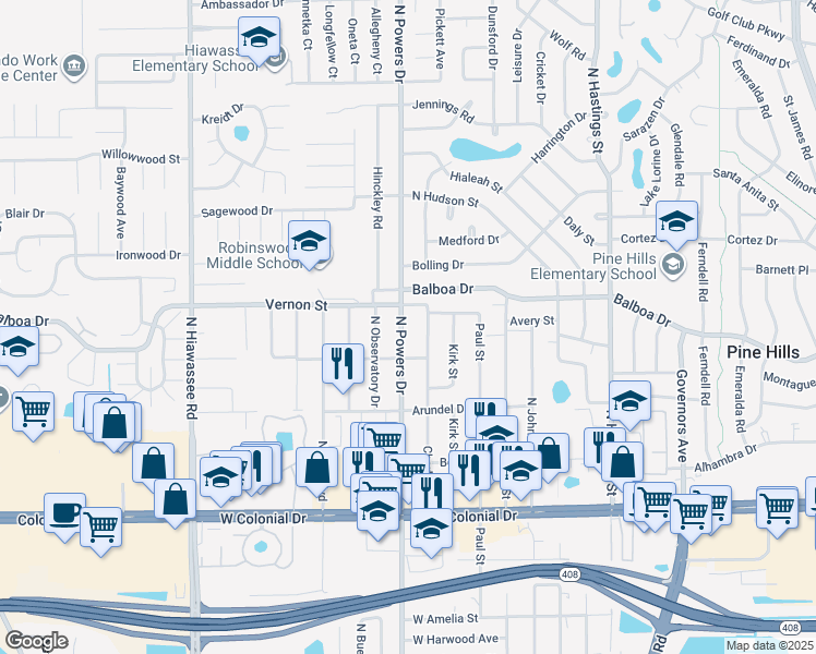 map of restaurants, bars, coffee shops, grocery stores, and more near 1405 North Powers Drive in Orlando