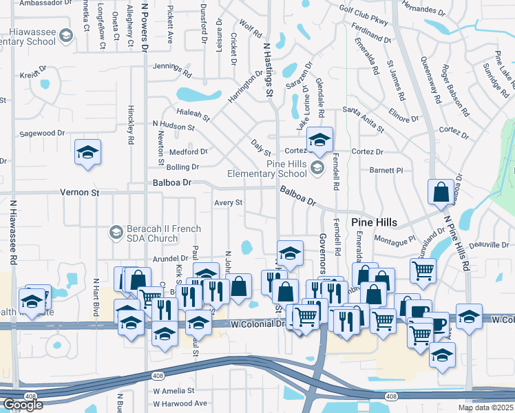map of restaurants, bars, coffee shops, grocery stores, and more near 1324 Hialeah Street in Orlando