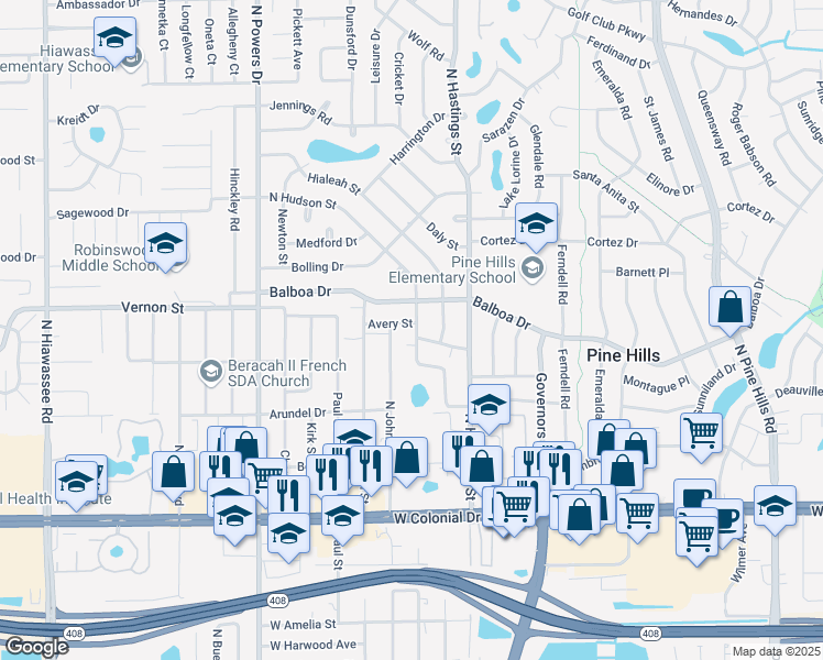 map of restaurants, bars, coffee shops, grocery stores, and more near 1318 North Hudson Street in Orlando