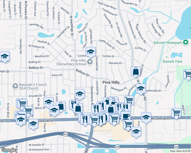map of restaurants, bars, coffee shops, grocery stores, and more near 1000 Ferndell Road in Orlando