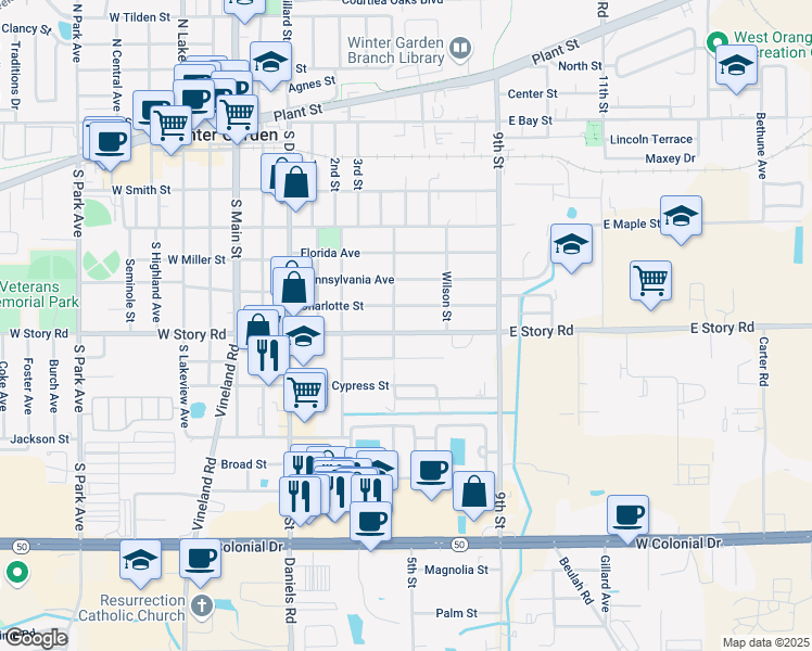 map of restaurants, bars, coffee shops, grocery stores, and more near 309 East Story Road in Winter Garden