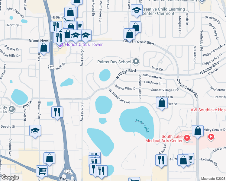 map of restaurants, bars, coffee shops, grocery stores, and more near 1204 North Jacks Lake Road in Clermont