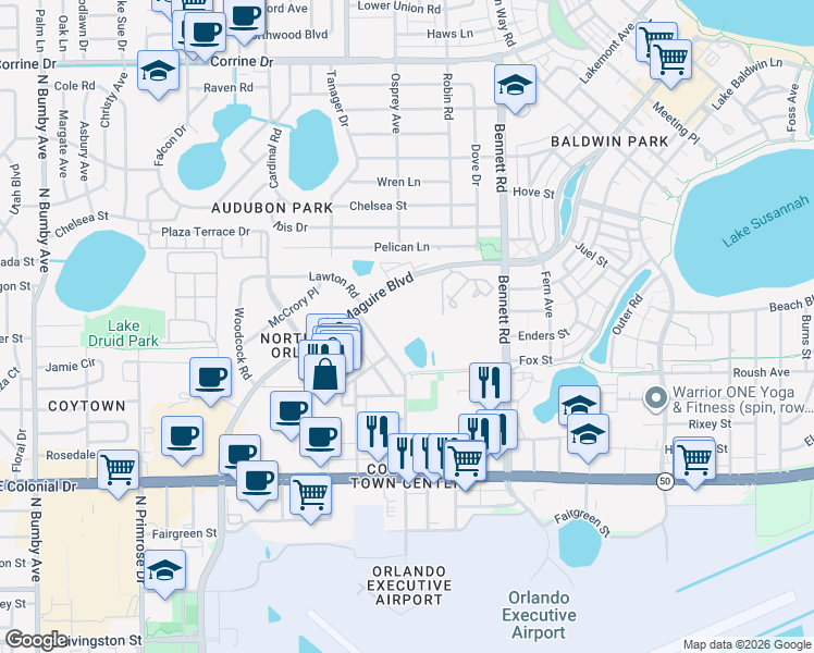 map of restaurants, bars, coffee shops, grocery stores, and more near 859 McCullough Avenue in Orlando